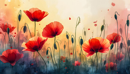 Obraz premium Vibrant watercolor illustration of poppies in a field 