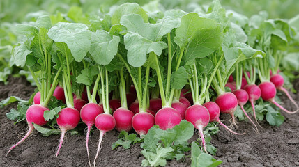 Radish field agriculture, organic vegetable plants in garden, raw leafy produce in soil, fresh food from nature green harvest, farm grown natural crops.
