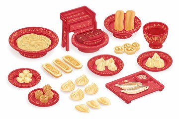 Traditional Chinese Food Display in Festive Red Decorated Plates