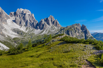 Monte Popera Dolomites beautiful landscape. Scenic rocky peak of the Dolomiti Alps in Italy. Rocky towering peak mountain view on a sunny summer day in alpine nature