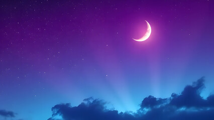  Radiant stars and a glowing crescent moon against a surreal purple and blue sky