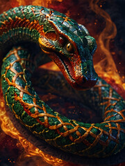Obraz premium A fiery background and a snake glittering with shades of gold.