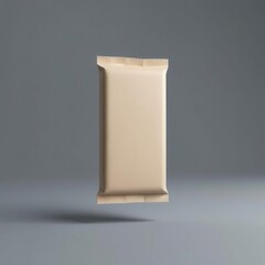 Minimalistic view of an unbranded snack bar packaging floating against a gray background, emphasizing simplicity and design.