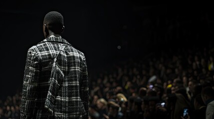 The suit's timeless appeal is amplified by the model's confident and elegant walk.