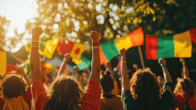 Joyful Gathering with Raised Fists and Flags