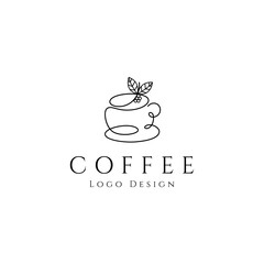 coffee cup with minimal hipster logo vector of coffee plant branch with simple line icon for cafe