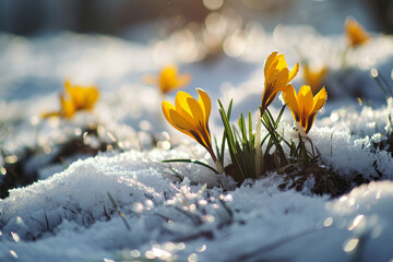 yellow crocuses in the snow,. 