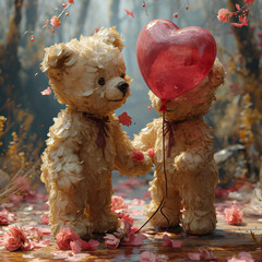 a pair of teddy bears and a heart-shaped balloon, .  