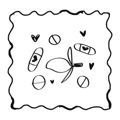 Modern poster placard or clip art with a valentine's day theme. Valentine doodle card illustration with a vitamins, pills, lemon, childlike naive vector art style