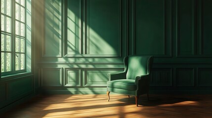 A vintage armchair sits in an empty room with green walls, sunlight shining through the window and creating shadows on the wall.