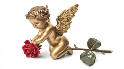 A Cupid holding a chocolate rose with an elegant pose, set on a clean white background for clarity