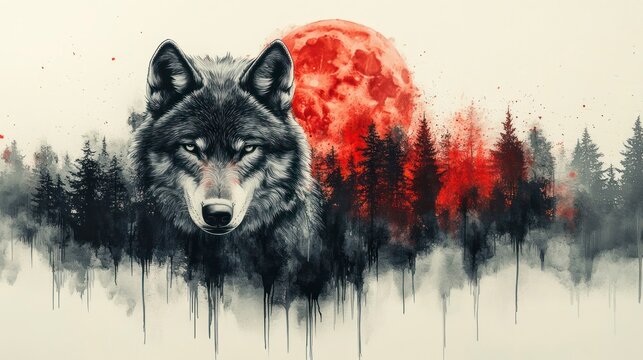 A majestic, dark grey wolf stares intensely into the viewer, set against a backdrop of a blood-red moon and a shadowy forest. Watercolor style.