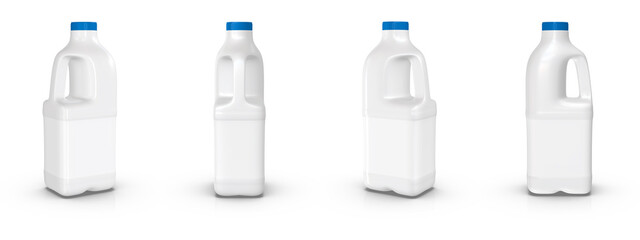 A realistic 3D mockup of a large plastic bottle with a blank white label and a blue screw cap