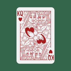 King and Queen (couple) of Hearts Poker non-existent playing card. Casino gambling design element. Vector illustration with editable stroke line. Author's vision, design.