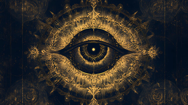 Mystical ancient symbol of divine omnipotence, an all-seeing eye surrounded by ornate circular patterns, radiating. Omniscient. Illustration