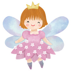 Cute fairy girl in pink flower dress with iridescent wings wearing yellow crown short ginger hair illustration watercolor forest clipart cutout png transparent digital planner sticker