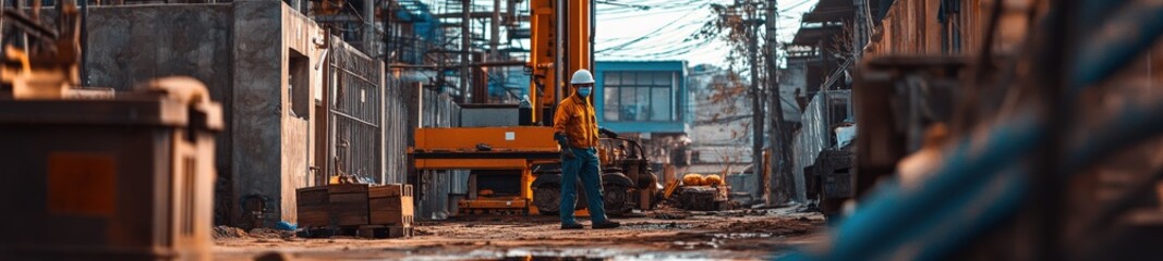 Oil worker inspecting a pump near an oil derrick on a sunny day