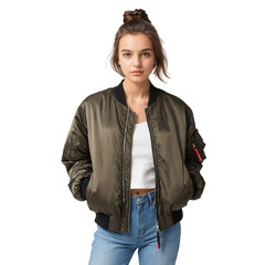 A young woman wearing a bomber jacket on a transparent background PNG