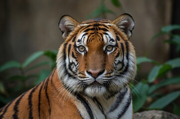 Obraz premium Majestic Sumatran Tiger Portrait: A Close-Up Encounter with Wild Beauty in its Natural Habitat