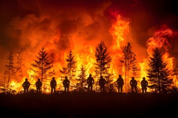 Brave Firefighters Battling Intense Wildfire in Forest