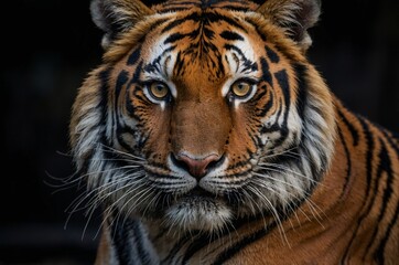 Naklejka premium Majestic Sumatran Tiger Close-Up: A Captivating Portrait of Wild Beauty in its Natural Habitat. Bengal tiger.