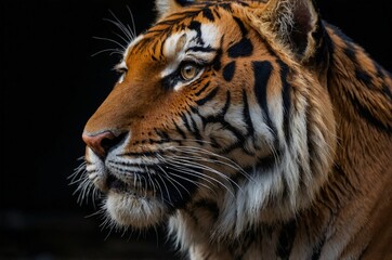 Obraz premium Majestic bengal Tiger Portrait Against a Dark Background A Close-up View of a Wild Cat in its Natural Habitat