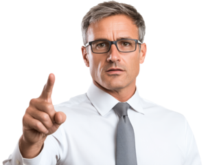 Man in glasses and tie points finger, conveying direction, instruction, or emphasis in a professional setting