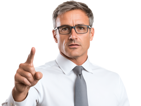 Man in glasses and tie points finger, conveying direction, instruction, or emphasis in a professional setting