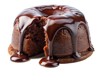 chocolate lava cake with molten chocolate oozing out  isolated  cut out on white background