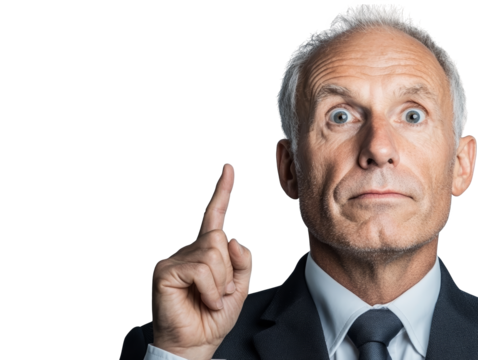 Confident businessman in suit points directly at viewer, engaging and assertive professional in corporate setting