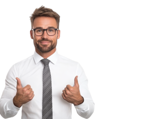 Confident businessman in glasses and tie gives thumbs up signifying approval success