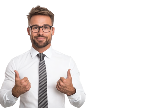 Confident businessman in glasses and tie gives thumbs up signifying approval success