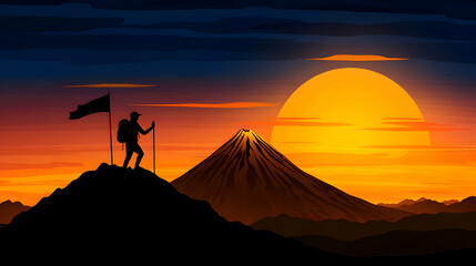 A mountain peak with a flag symbolizes achievement and reaching goals