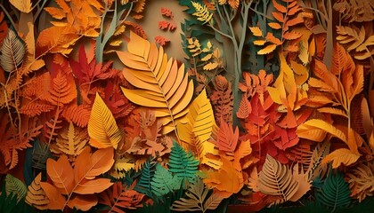 Paper Cutout Illustration, Autumn Leaves and Plants, Layflat image