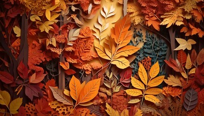 Paper Cutout Illustration, Autumn Leaves and Plants, Layflat image