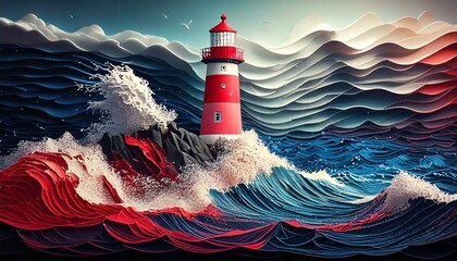Paper Cutout, Lighthouse and Ocean, Digital Art