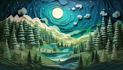 Paper Cutout Art, Forest and Night, Moon Digital Art