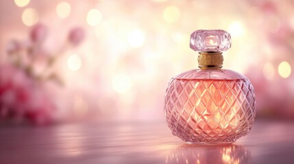 Elegant perfume bottle on table with bokeh background.