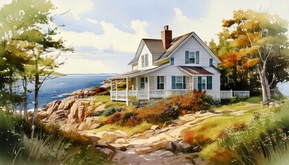 White House on Seaside, Watercolor Art