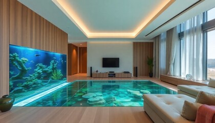 Living room floor aquarium showcasing a unique floor-to-ceiling aquarium built into the floor of a living room for an aquatic feature