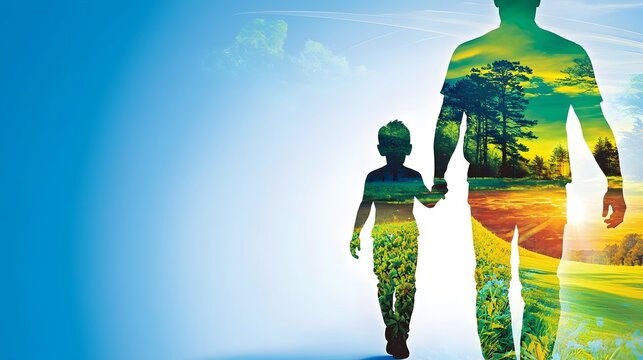 man walking hand-in-hand with his child, his figure overlaid with scenic images of nature, symbolizing the importance of teaching life lessons and fostering a connection with the outdoors. [men's]:[me