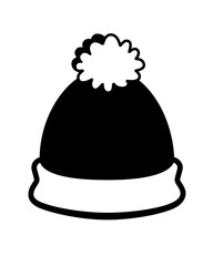 Knitted warm winter hat with lapel and pompom - vector silhouette for icon or logo. Hat - pictogram for identity - black and white.	