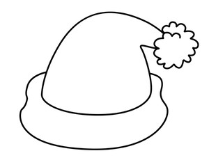 Santa Claus hat - vector linear illustration for coloring. Christmas or New Year's artebut - a hat with a pompom. Outline.	