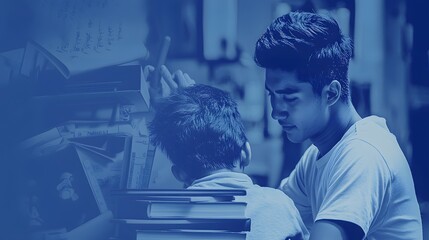 man helping a child with homework, overlaid with an image of educational tools and books, representing involvement in education. | [men's]:[men's parenting tips] 