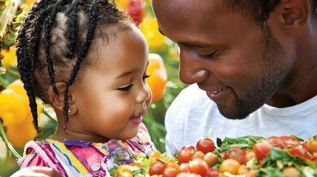 of a man and child sharing a meal, integrated with an image of healthy food, emphasizing nutrition and togetherness. | [men's]:[men's parenting tips] 