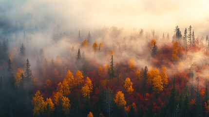 Naklejka premium Golden morning light pierces through foggy forest with red and yellow autumn foliage