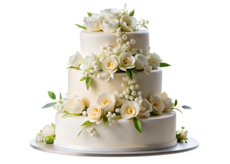 tiered wedding cake decorated with delicate white flowers isolated on white background
