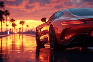 A sleek car parked on a reflective surface during a vibrant sunset.