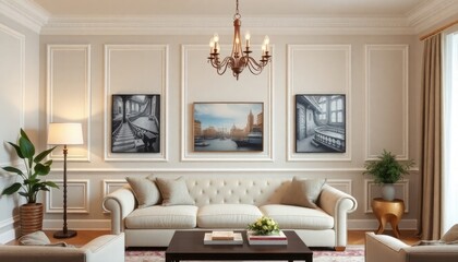 Fototapeta premium Living room wall moulding with elegant, decorative moulding on the walls that adds texture and visual interest to the room