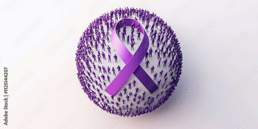 Poster global awareness: a 3d render of a purple ribbon surrounded by a crowd of people representing unity 